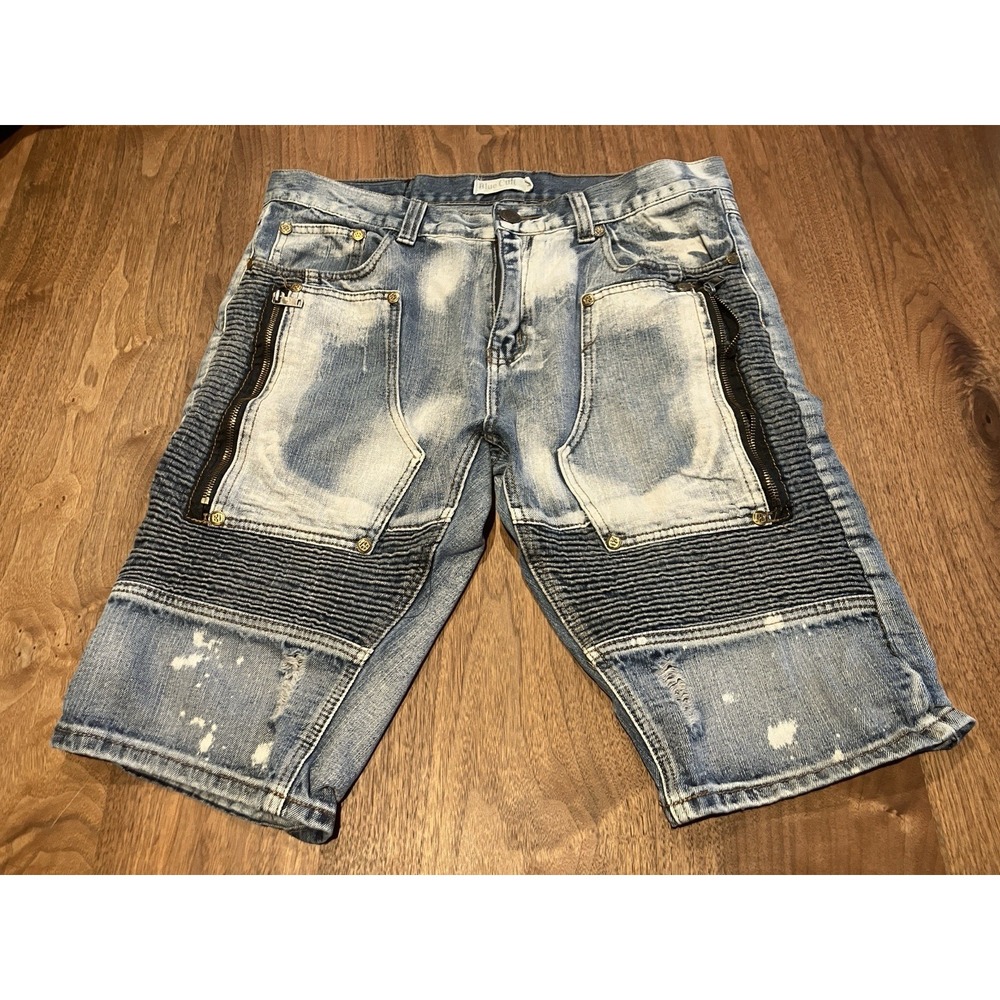 Blue Cult Men's Denim Shorts Size 36 Moto Biker Distressed Zip Pockets‎ Skater